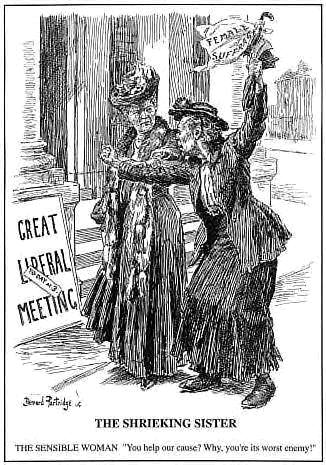 In this cartoon by Bernard Partridge, the sensible woman is saying to the Suffragette: Help our cause? You&rsquo;re its worst enemy.